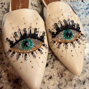 Kurt Geiger London Leather Olive Eye Embellished Flat Mules 38.5